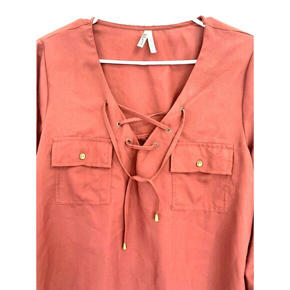 Boho Orange Pullover Top Womens Large Rust Long Tie Front Festival Henley - Picture 4 of 7